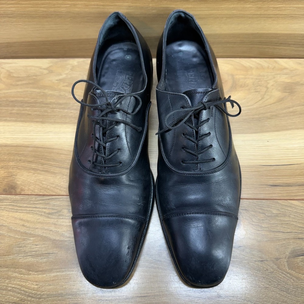 Salvatore Ferragamo Black Leather Cap Toe Oxfords Mens 9 D Formal Wedding Guest
